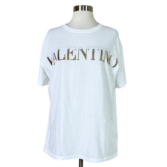 Valentino | Gradient Sequin Logo Silver Gold White Cotton Designer Tee T-Shirt S - Picture 1 of 10
